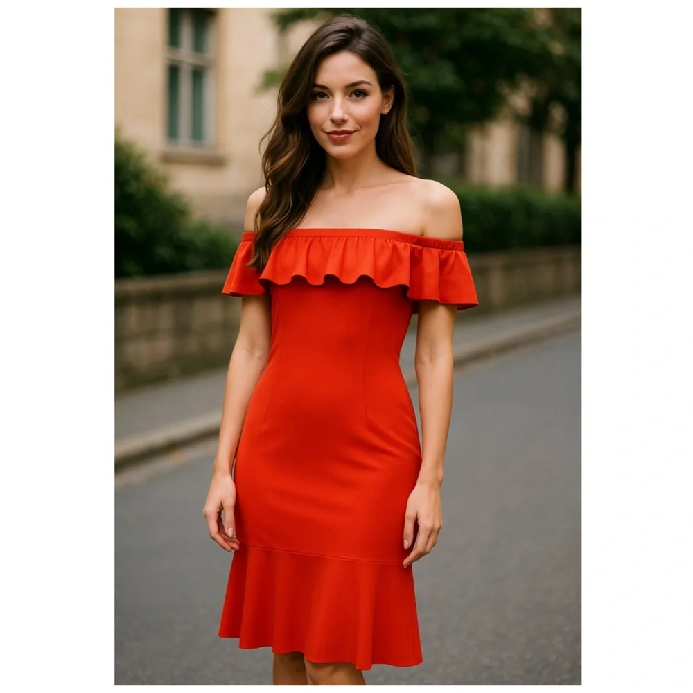 Veronica Beard Oleta Off Shoulder Ruffle Midi Dress Orange Size 0